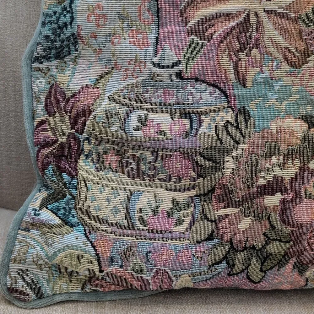 Vintage Ginger Jar Floral Tapestry Accent Pillow Velvet Backing